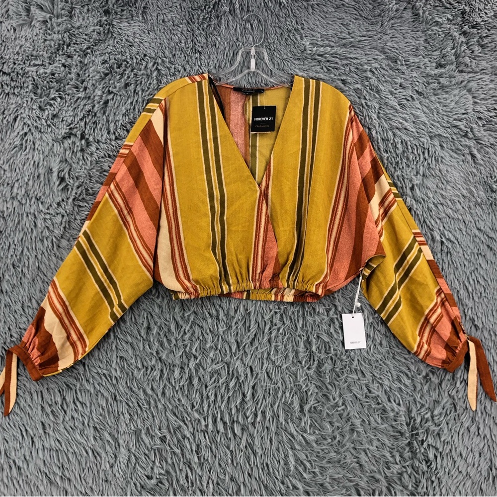 Forever 21 Blouse NWT Womens XS Faux Wrap Striped Tie Sleeve Cinch Waist Top
